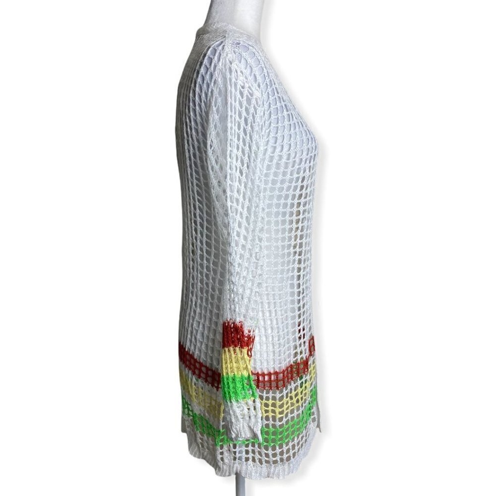 Crochet SWIM COVER UP NEW Boho Gypsy Beach Princess White Striped Womens Size L - Picture 9 of 13